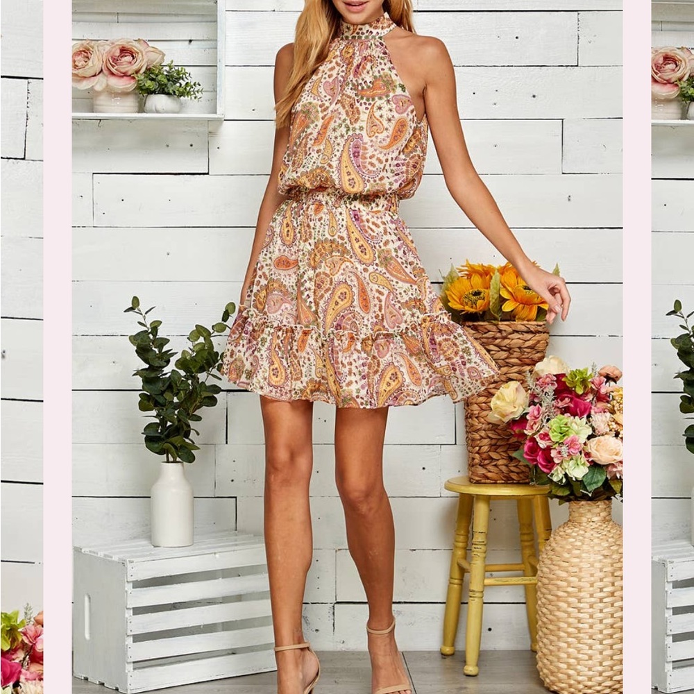 Sweet Lemon Paisley Halter Boho Dress